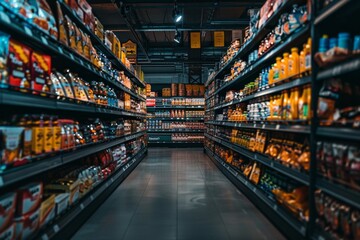 Long and bring supermarket aisle showcasing a wide selection of groceries