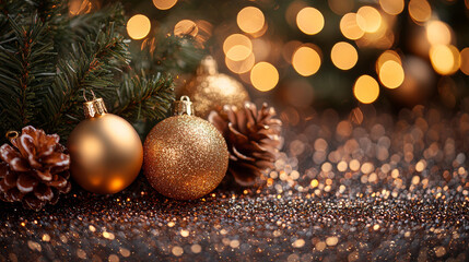 Sparkling Christmas Ornaments with Pine Cones and Festive Lights