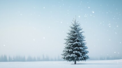 Obraz premium Vibrant Christmas Tree Amidst Sparkling Snow, a festive evergreen adorned with colorful ornaments, contrasting beautifully against a serene, icy landscape blanketed in snow.