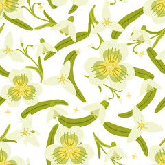 Snowdrop flowers wreath with branch and leaves. Seamless pattern background. Floral vector artwork for apparel and fashion fabrics