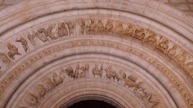 Romanesque arch portico of the Church of San Esteban Protom&aacute;rtir in the village of Hormaza. Region of Alfoz de Burgos. Province of Burgos. Castile and Leon. Spain. Europe