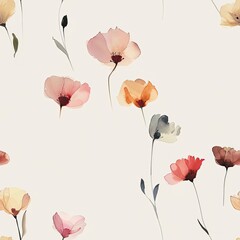 Soft watercolor floral illustration featuring delicate seamless, pattern blossoms in pastel shades on a light background