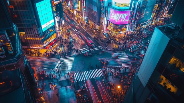 The animated activity of Shibuya intersection reveals a captivating rush of pedestrians and cars, highlighting Tokyo's vibrant urban life and energy at night. Generative AI