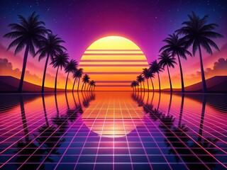 Fototapeta premium Retro Synthwave Landscape with Palms and Sunset for Futuristic Vibes