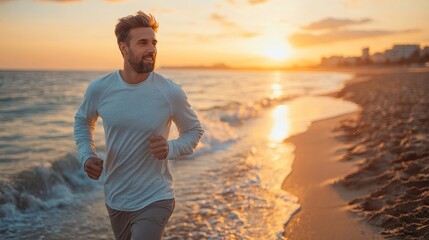 Healthy man jogging along the sea shore, Generative AI