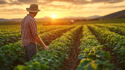 Fototapeta premium Farmer walking through crops at sunset checking growth in field