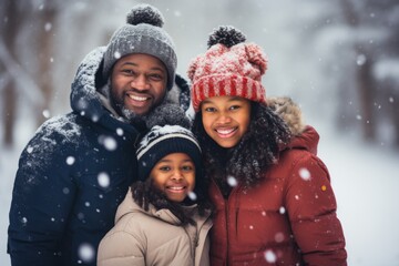 Portrait of a African American family smiling in front of house during snowfall