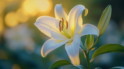 Fototapeta premium Beautiful White Lily Flower Blooms in Morning Sunrise Light
