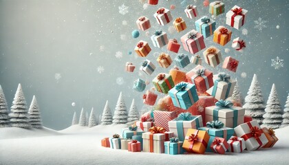 Colorful Christmas gifts falling in snowy winter scene with snowflakes