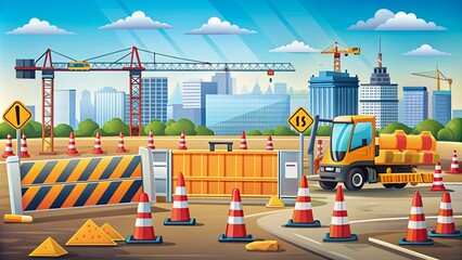 Road Works Barriers and Protection Fence Vector Illustration - Construction Safety Elements
