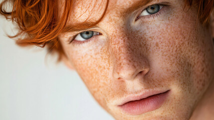 Obraz premium A close-up portrait of a person with freckles, emphasizing natural beauty and facial features.
