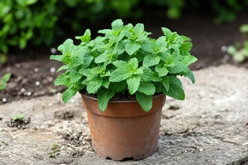 Fototapeta premium Apple Mint Plant Growing in Pot. Close up of Fresh Green Herb Leaves