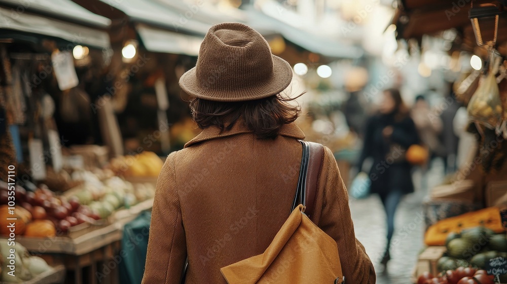 Wall mural A fashionable woman in a warm coat and hat strolling through a bustling autumn market, surrounded by seasonal produce and handmade crafts as the city prepares for fall