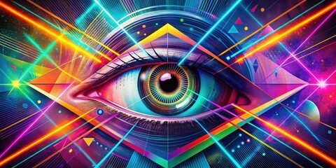 A Vibrant Abstract Composition Featuring an Eye-Catching Focal Point with Geometric Shapes and Intersecting Lines of Light