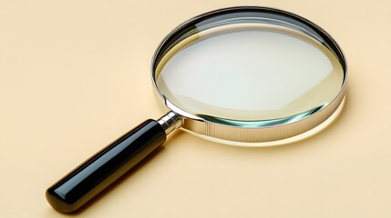 Fototapeta premium Magnifying glass on a pale yellow background with minimalist composition, black handle, clear glass lens, subtle reflection and soft shadow, investigative concept.