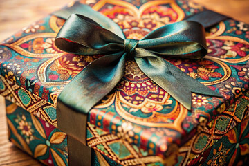 Luxury gift with ornate patterned wrapping and dark teal satin ribbon