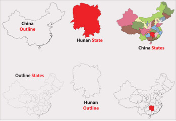 Hunan map vector of China, Hunan line map, Hunan with city map, Hunan outline map