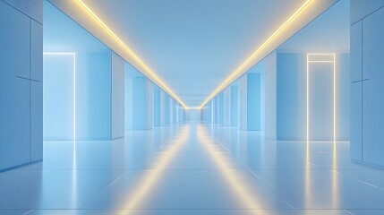 Obraz premium Minimalist light blue corridor with futuristic interior design, soft glowing LED strips, clean geometric lines, reflective floor, modern architecture, diffused lighting.