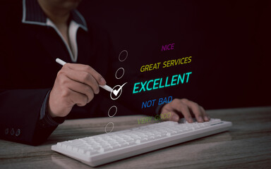 businessman selects Excellent on a virtual interface with colorful checkboxes, representing customer feedback, satisfaction, and survey results, focusing on service quality and user experience.