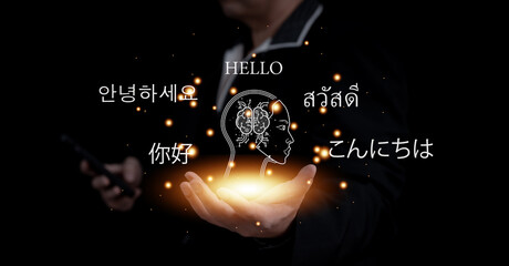 person holds hologram of AI displaying greetings in various languages, symbolizing of artificial...
