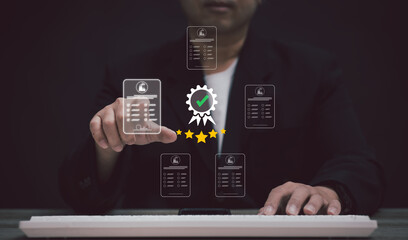 businessman interacts with a virtual five-star rating system and certification symbols, highlighting quality assurance, performance review, and service evaluation in a streamlined digital format.