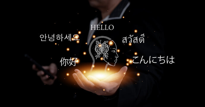 person holds hologram of AI displaying greetings in various languages, symbolizing of artificial intelligence and global communication technology, innovation multilingual interaction and connectivity. - Powered by Adobe