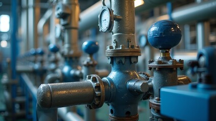 Fototapeta premium Detailed view of industrial pipes valves gauges and meters in a chemical plant