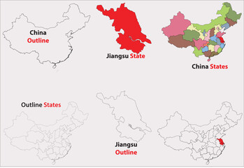 Jiangsu map vector of China, Jiangsu line map, Jiangsu with city map, Jiangsu outline map
