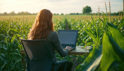Female farmer working on laptop in cornfield