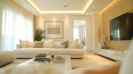 Fototapeta premium Modern living room design, Wooden furniture with warm cozy feeling, bright neutral colors