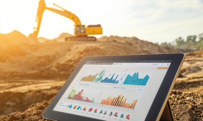 Digital tablet showing infographics on construction site at sunset