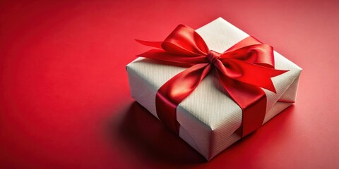 Obraz premium A single white gift box tied with a vibrant red satin ribbon, resting on a solid red background, creates a classic and festive image.