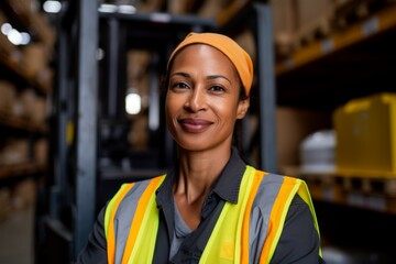 Naklejka premium Portrait of a middle aged female forklift worker in warehouse