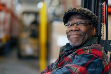 Portrait of a middle aged male forklift worker in warehouse