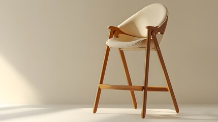 Modern baby high chair with sleek Scandinavian design, wooden frame, cream leather upholstery, ergonomic seat and safety bar, minimalist aesthetic on an off-white background.