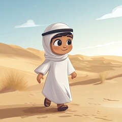 Cartoon of an Emirati boy in a kandura and ghutra, walking through a cartoon desert