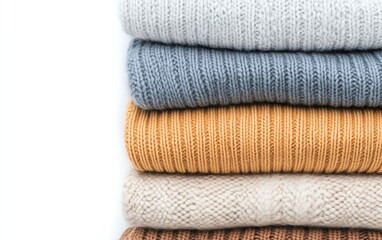 Stack of colorful knitted fabrics on a white isolate background