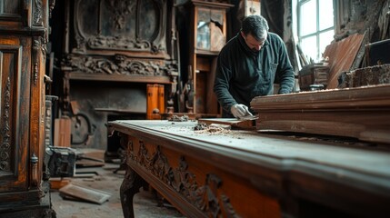 Fototapeta premium Workshop with a Skilled Restorer Working on a Vintage Furniture Piece
