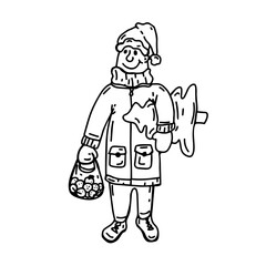 A hand-drawn black-and-white illustration of a person in winter clothing carrying a Christmas tree and ornaments, perfect for capturing the festive holiday spirit in a cute, minimalist style.