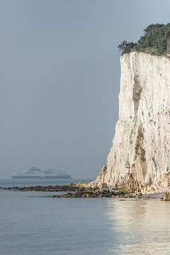 View of the beautiful white cliffs of Dover and the calm sea, St Margaret's at Cliffe, England.