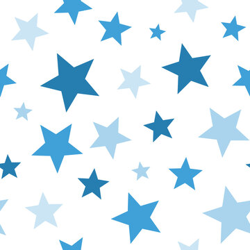 Blue star seamless pattern. Hand drawn blue gradient different size stars scattered on white background. Party monochrome glitter background. Starry confetti allover print