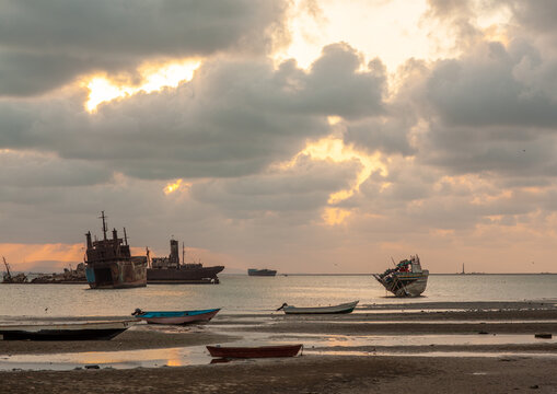 Boats on the beach at sunset, North-Western province, Berbera, Somaliland