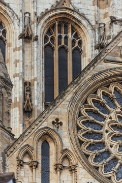 View of Canterbury Cathedral with ornate gothic architecture and historic stonework, Canterbury, United Kingdom.