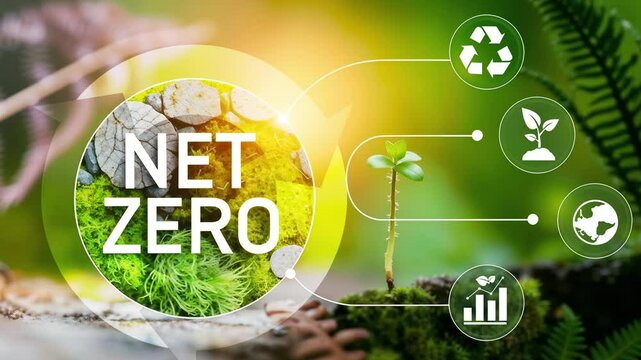 Net zero, carbon neutrality concept. Net zero icon at on hand green forest background. Green Energy Renewable Sustainable ( ESG ). Net zero emission Idea innovative. carbon neutrality in 2050. 