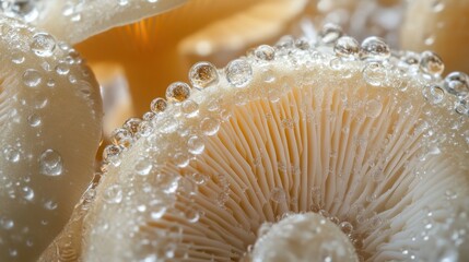 Detailed macro shot of mushrooms with sparkling water drops, emphasizing their unique shapes and the play of light on the droplets. This image conveys a sense of freshness and natural elegance.