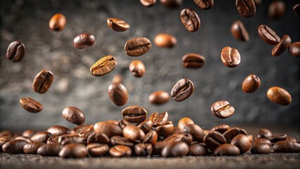 Obraz premium Roasted Coffee Beans Falling and Landing on a Pile of Coffee Beans