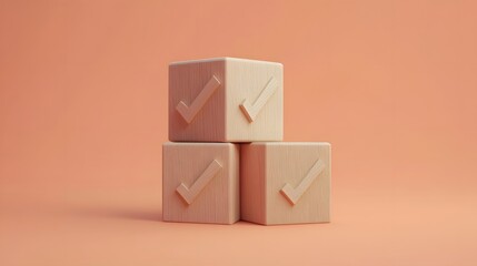 Obraz premium Wooden blocks with checkmarks on a light orange background, minimalist composition with soft shadows, clean aesthetic, smooth textures, subtle lighting, product photography style.