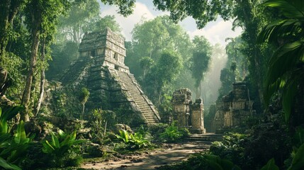 Lush Amazonian jungle clearing featuring ancient Mayan temple ruins, vibrant green trees and dense bushes, evoking a fantastical forest landscape rich in history and nature.