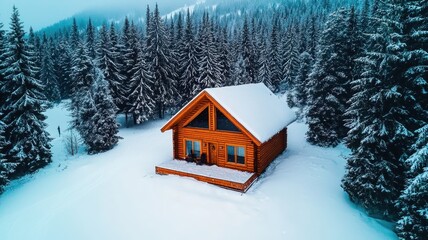 Fototapeta premium Winter Escape: Cozy Cabin Retreat in Snow-Covered Forest for Outdoor Adventures