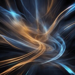 Abstract image of swirling lines of light in blue and orange hues, evoking cosmic wonder against a dark background.